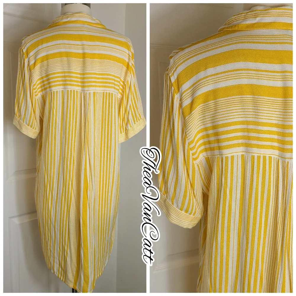 Forever 21 retro yellow stripes short sleeve button down relaxed fit shirt dress - Picture 6 of 8